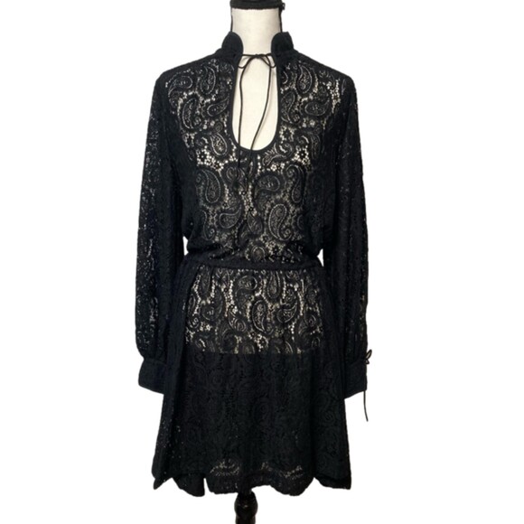 H&M Mock Neck Lace Dress Oversized Tie Neck Tie Waist Tie Cuff Rom Com Dress - Picture 2 of 10